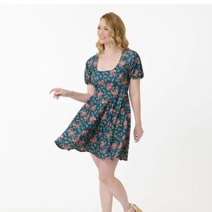 Unique Vintage Blue Summer Sloth Print Fit and Flare dress Large